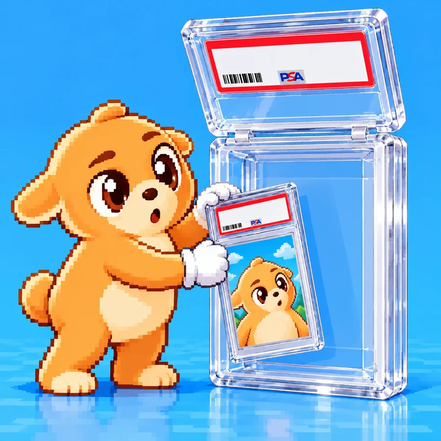 The cub in white gloves sliding a card of himself into a clear case